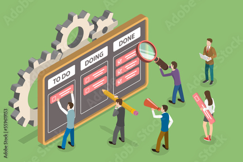 3D Isometric Flat Vector Conceptual Illustration of Kamban Software Development Methodology, Project Management System