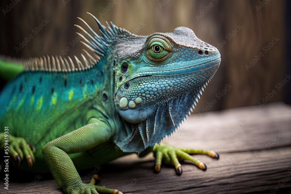 baby green and blue Iguana up close on blue wood Grand Cayman blue cyclura lewisi iguana. Generative AI