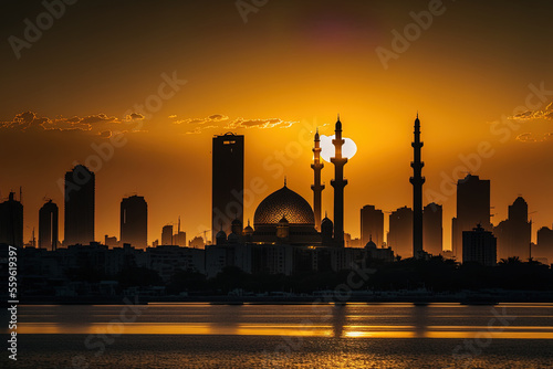 Conceptual Ai Generated Image (not actual) - Sunset over Sharjah City Skyline & Sharjah Lighting Festival. Generative AI photo