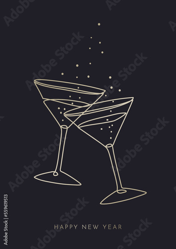 Elegant Linear Illustration Of Drinks With Bubbles And „Happy New Year” Wishes. Simple Graphic Design Ideal For Carnival Party Poster, Invitation Or Greeting Card.