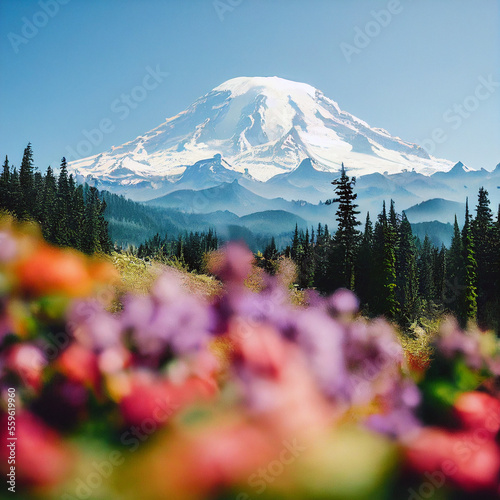 Mount Rainier with Flowers and Trees, AI photo