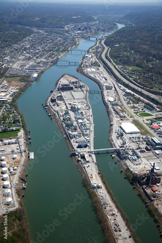 Aerial view of the Kanawha River flowing through the heavily industrialized section of downtown Charleston,WV photo