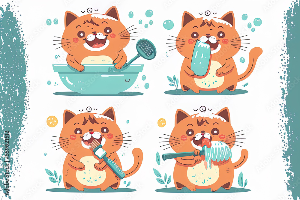 Cute cat using its tongue to wash, clean, and groom itself. Cute kitty creature. Sweet, gorgeous, orderly cat. flat image set on a white backdrop. Generative AI Cute cat using its tongue to wash, clean, and groom itself. Cute kitty creature. Sweet, gorgeous, orderly cat. flat image set on a white backdrop. Generative AI