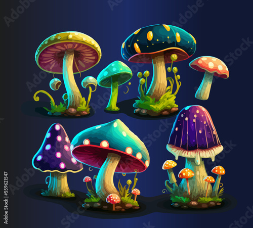 Cartoon poisonous mushrooms. Vector illustration, print for background, print on fabric, paper, wallpaper, packaging.