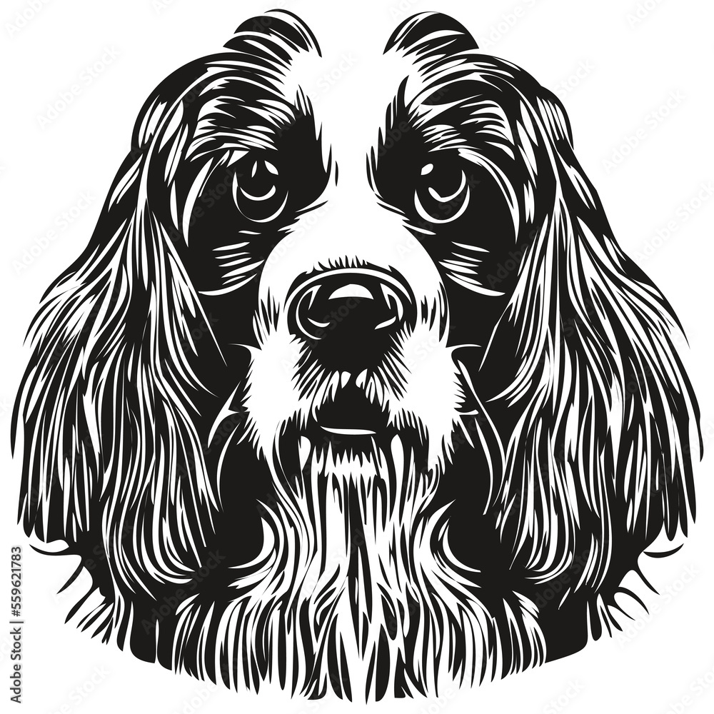 Spaniel English Springer dog hand drawn illustration, black and white ...