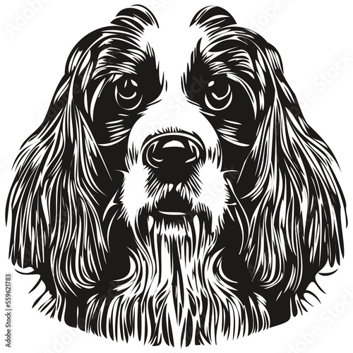 Spaniel English Springer dog hand drawn illustration, black and white vector pets logo line art