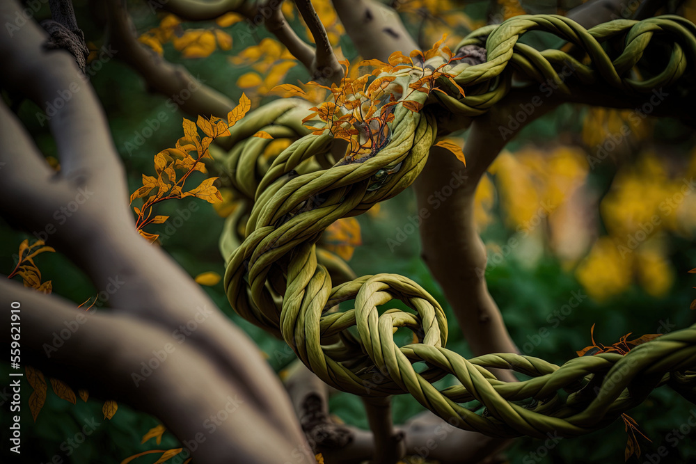 a close up of the tree's twisted branches. Generative AI a close up of the tree's twisted branches. Generative AI