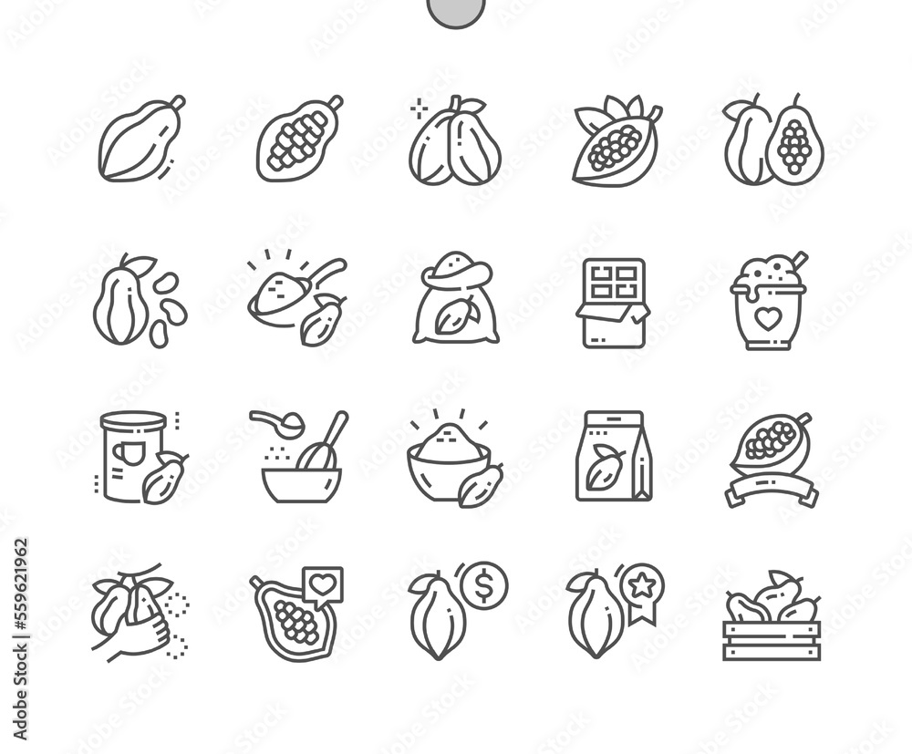 Cocoa beans. Chocolate. Cooking, recipes and price. Whole and half cocoa. Food shop, supermarket. Menu for cafe. Pixel Perfect Vector Thin Line Icons. Simple Minimal Pictogram Cocoa beans. Chocolate. Cooking, recipes and price. Whole and half cocoa. Food shop, supermarket. Menu for cafe. Pixel Perfect Vector Thin Line Icons. Simple Minimal Pictogram