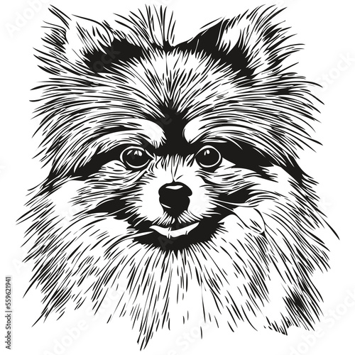 Pomeranian spitz dog black and white vector logo, line art hand drawn vector pets illustration