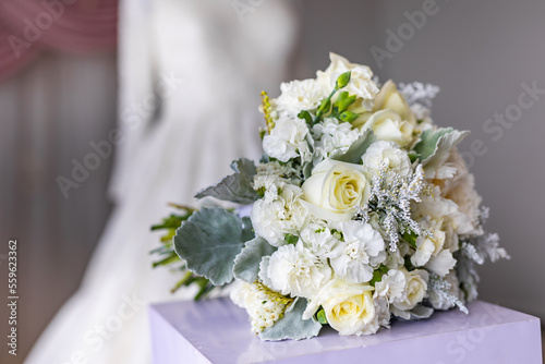 Beautiful wedding bouquet white flowers close up