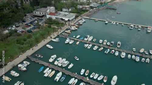 boat pier in budva, montenegro. aerial view  photo