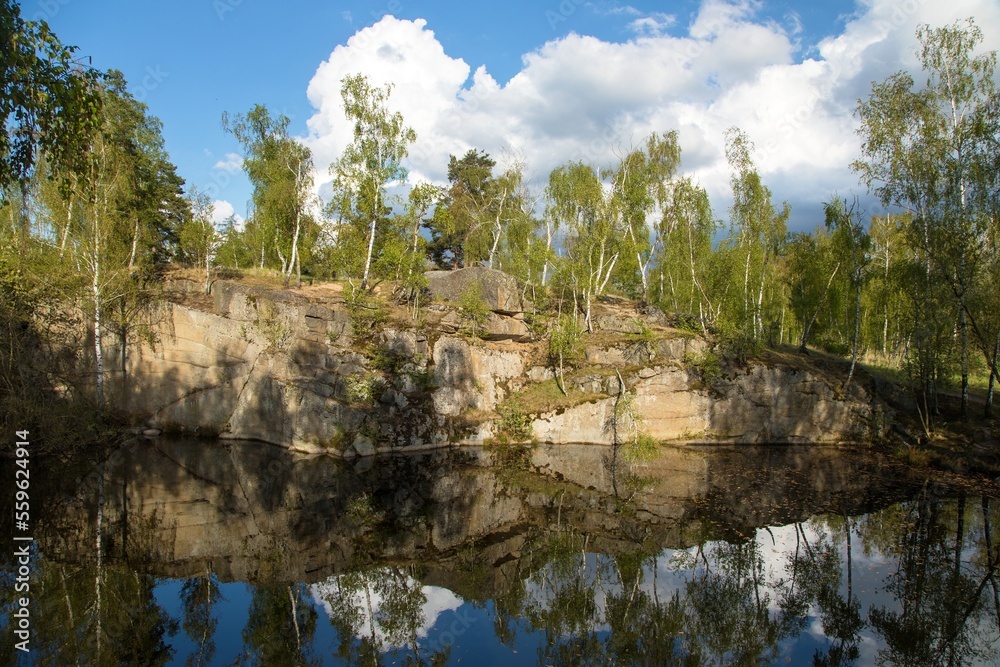 Lake with a rock wall and birch forest
