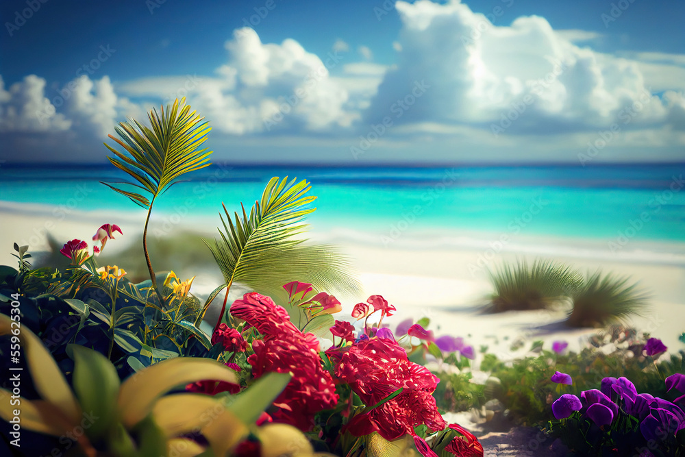 Bushes with tropical flowers growing on a sandy beach near ocean. Generative AI