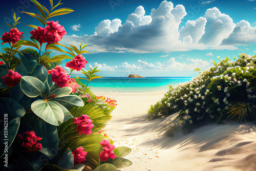 Bushes with tropical flowers growing on a sandy beach near ocean. Generative AI