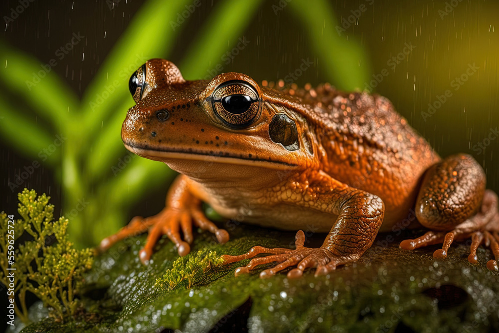 In a damp woodland, a brown frog. Generative AI In a damp woodland, a brown frog. Generative AI