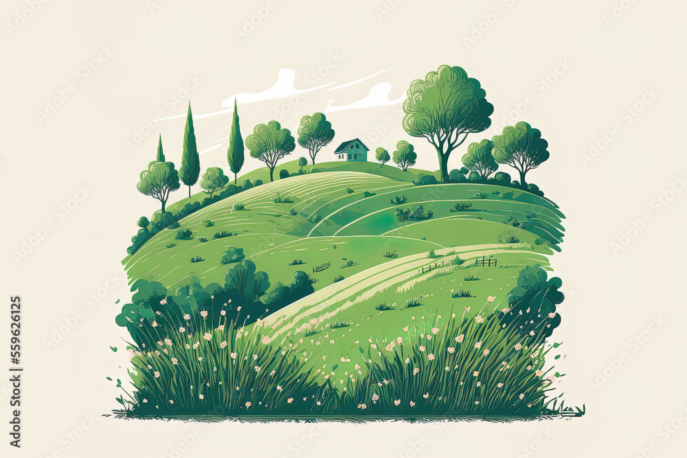 A drawing Field of lush grass on gentle slopes. Pasturage, grassland, pommel, lea, alkali, lye, and meadow. Grassy grassland in a rural landscape view. illustration. Generative AI - obrazy, fototapety, plakaty 