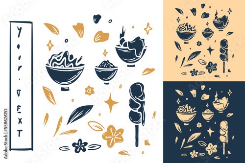 Linocut Folk Art Asian Food Collection. Japanese dishes set