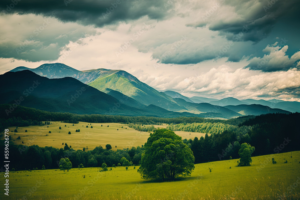 field with tall, green mountains around it under an overcast sky. Generative AI field with tall, green mountains around it under an overcast sky. Generative AI