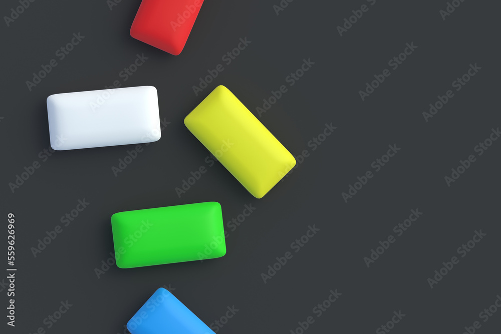 Chewing gums of various colors. Mint bubblegums. Space for text. Top view. 3d render Chewing gums of various colors. Mint bubblegums. Space for text. Top view. 3d render