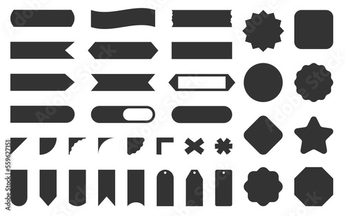 Label scotch sticker tape tag black silhouette set. Shape stamp bundle chat window speech bubble ribbon arrow note card scrapbook collage template diary sticky printable banner icon reminder corner