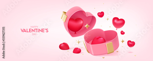 Happy Valentine's day, greeting card design. Open Pink colored gift box with purple balloon hearts and confetti on pink background.