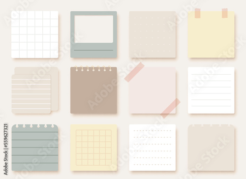 Paper note sticker square notepad pastel flat set. Sheet spiral notebook scotch taped to do list planner fulfillment board reminder time planner sequence organization diary schedule memo pin isolated