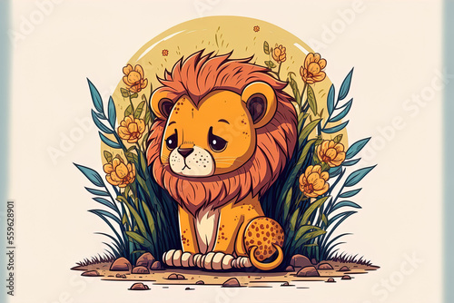 Cute lion sitting cartoon icon artwork of an animal in the natural world, isolated in premium. Generative AI