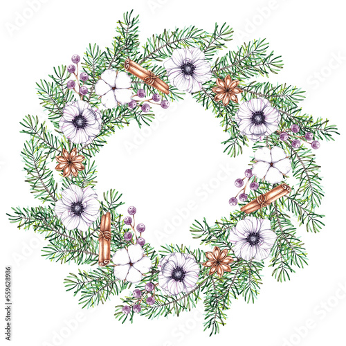 Watercolor Christmas Wreath on a white background