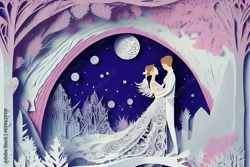 exquisite wedding couple invitation card design - embrace under moonligh in forest