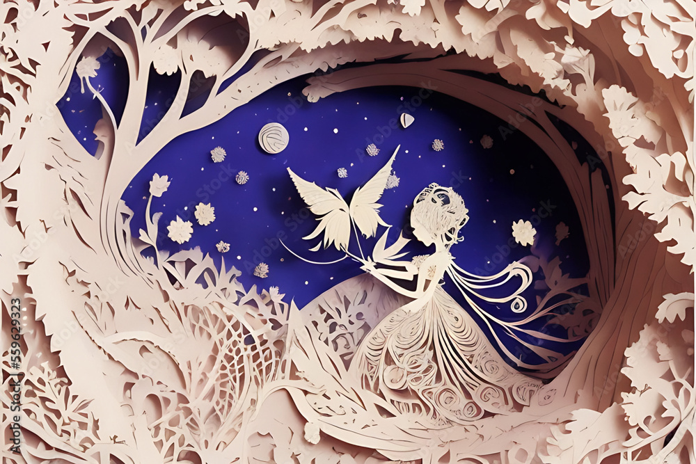 paper cut romantic artistic girl with butterfly wedding engagement card design