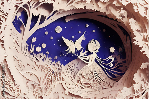 Obraz na płótnie paper cut romantic artistic girl with butterfly wedding engagement card design w salonie