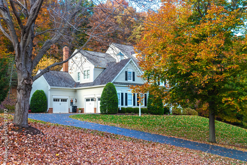 Suburban House among autumn trees. Large manicured lawn and landscaping.