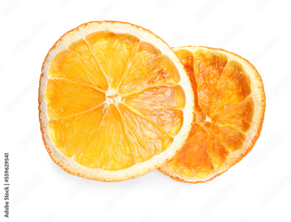 Delicious dry orange slices on white background, top view Delicious dry orange slices on white background, top view