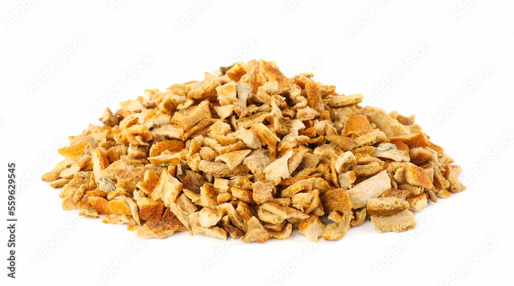Pile of dried orange zest seasoning isolated on white Pile of dried orange zest seasoning isolated on white