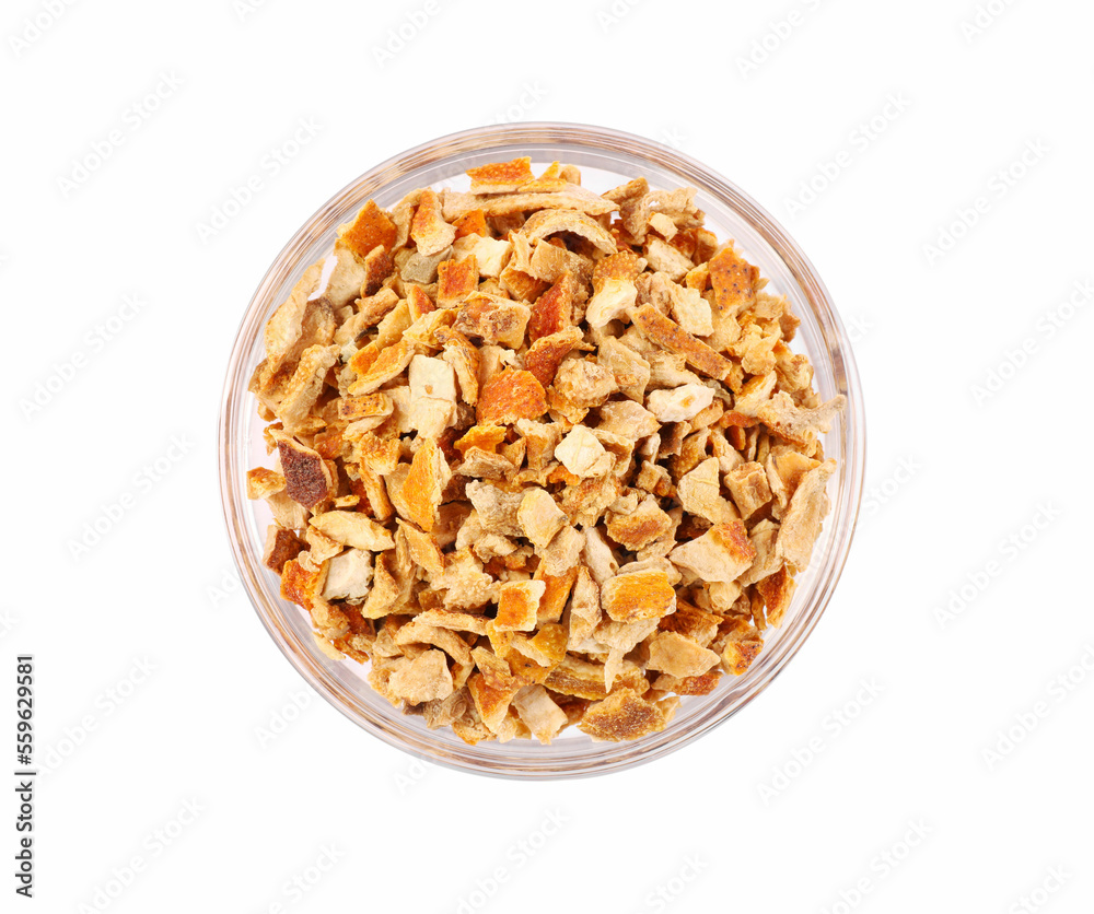 Bowl of dried orange zest seasoning isolated on white, top view Bowl of dried orange zest seasoning isolated on white, top view