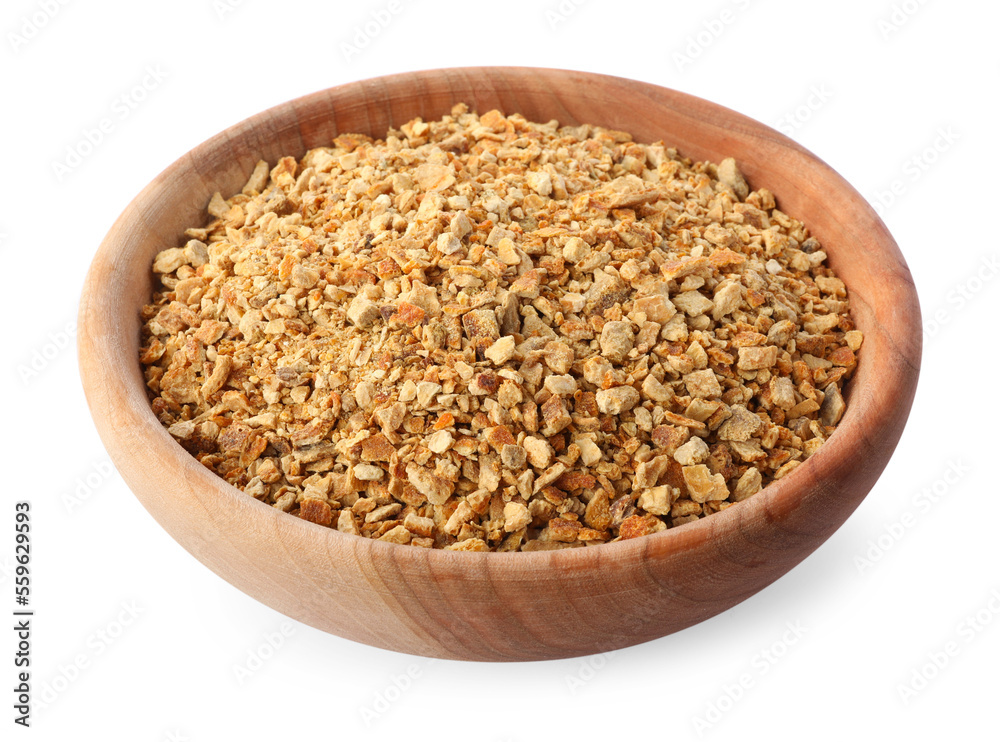 Bowl of dried orange zest seasoning isolated on white Bowl of dried orange zest seasoning isolated on white
