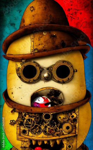 Generative AI poster/background image of highly intricate and detailed vivid, high contrast steampunk/clockpunk retro machine and machinery mashed with large humpty dumbty faces! photo