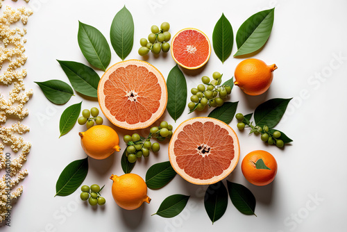 Top shot of grapefruits and foliage on a white backdrop. tangerine fruits. Generative AI