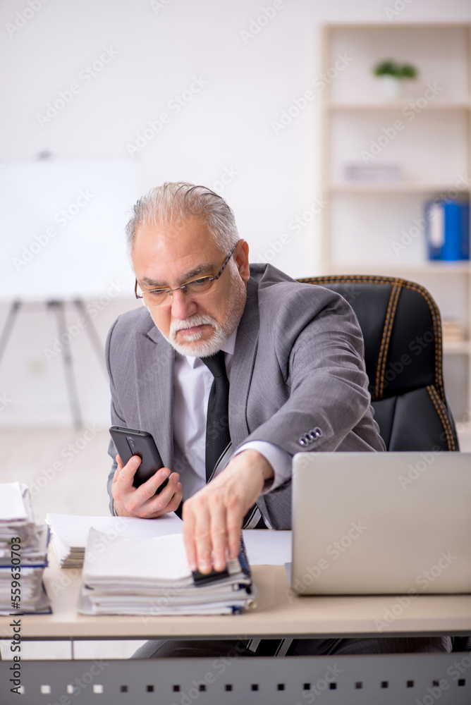 Old male employee working in the office Old male employee working in the office