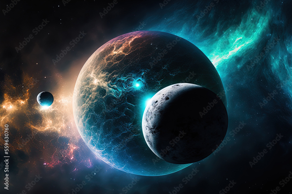 Obraz premium Two planets set against a cosmic nebula and a pitch black sky in the universe. Generative AI