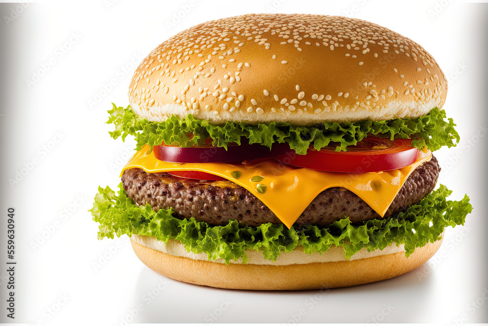 delicious, delectable burger, isolated on white. Generative AI delicious, delectable burger, isolated on white. Generative AI