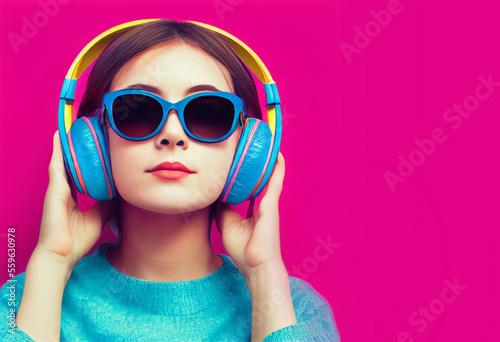 Girl with Headphones Listen...