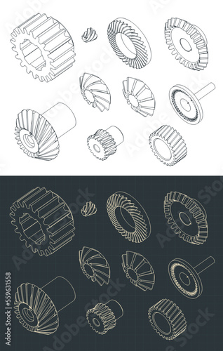 Different types of gears isometric blueprints