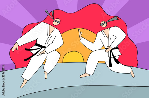 Luchadores de Karate o artes marciales con fondo de atardecer o amanecer. Dibujo moderno de vectores. 