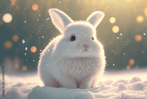 illustration of cute white fur rabbit with nature background in winter season