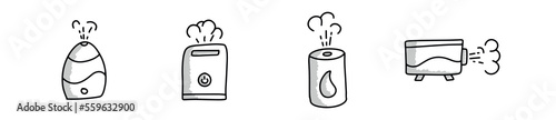 Air humidifier modern doodle icon set, refresher device concept, humidity checker hand drawn style vector icons, fresh air purifier emblems, clean breathing tool symbols isolated on white background