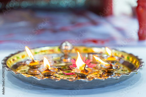 Indian Hindu wedding reception ritual items close up