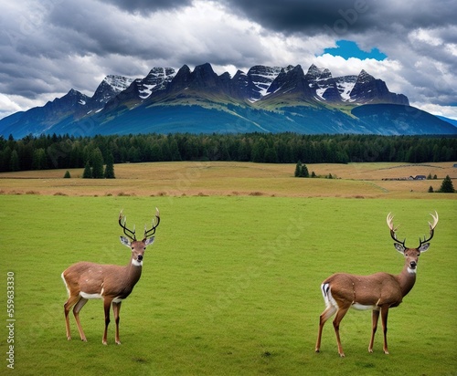 beautiful landscape with a deer in the mountains