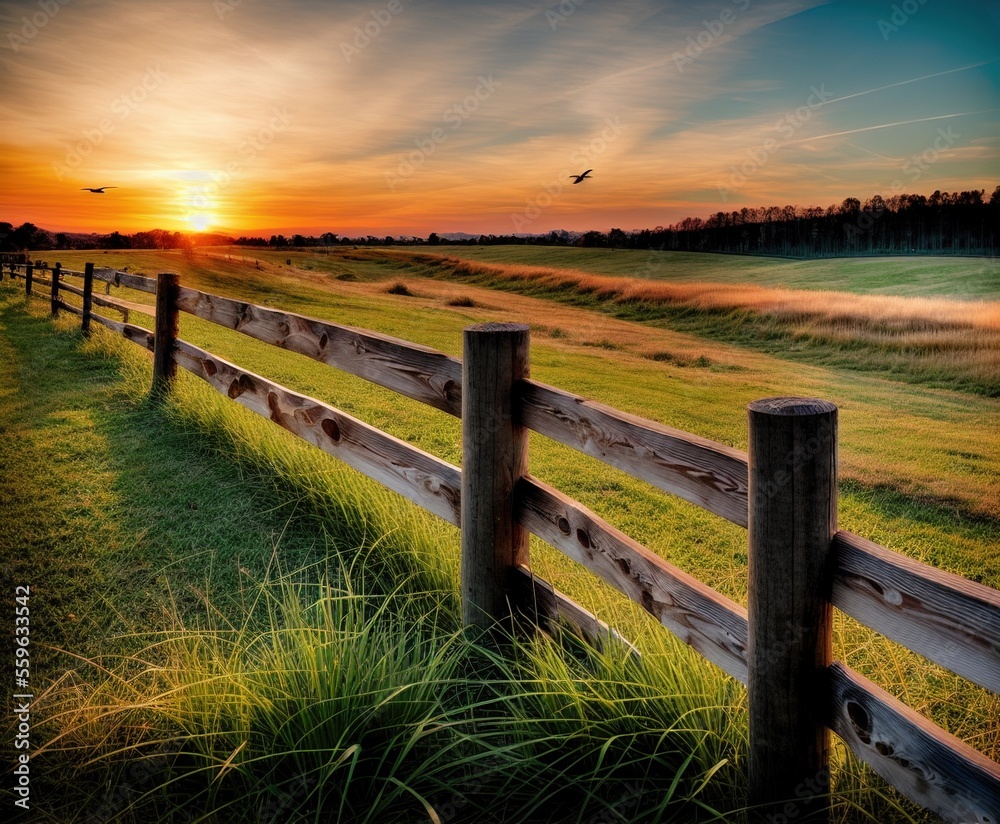 Fototapeta premium sunset over a field of wheat and trees with fences, agriculture, background, beautiful, blue, cloud, clouds, country