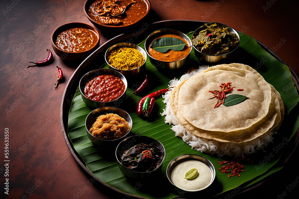 group of South Indian dishes served on banana leaves with colorful